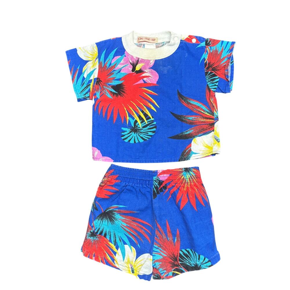 Vintage Top & Bottom Set Baby 12 Mos Blue Tropical Floral USA Made On The Go